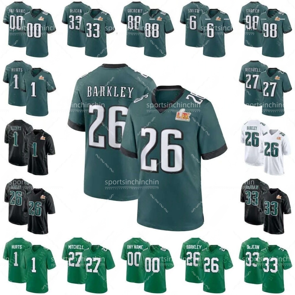 2025 Super Bowl LIX Football Jersey 26 Saquon Barkley 11 Brown 1 Jalen Hurts 6 DeVonta Smith 33 Cooper DeJean 88 Goedert 55 Brandon Graham 98 Carter 6