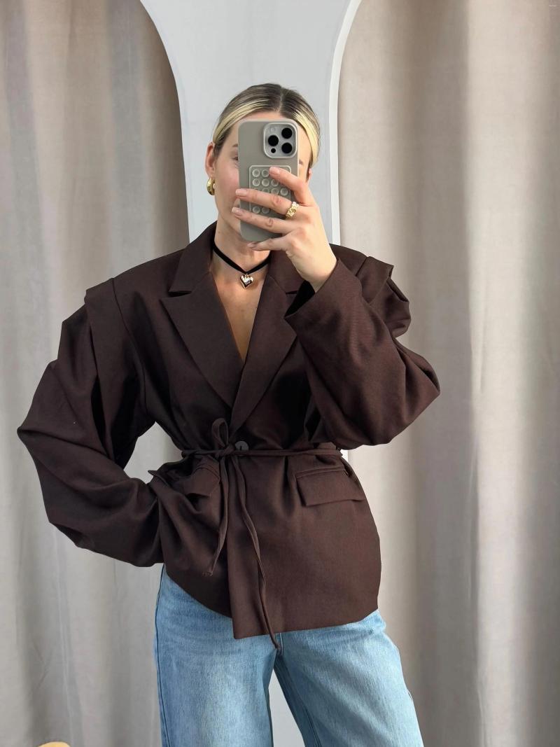 Women's Jackets Autumn Solid Lace Up Lapel Jacket Women Fashion V Neck Long Sleeve Waist Cinching Short Coat Office Female Outerwear