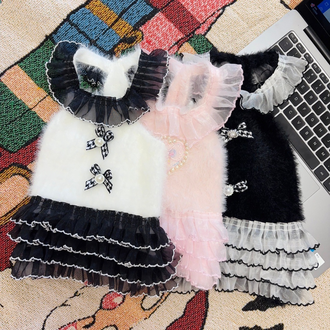 Autumn Winter Pet Knitted Puffy Lace Strap Dress for Dogs and Cats Schnauzer Yorkshire Maltese