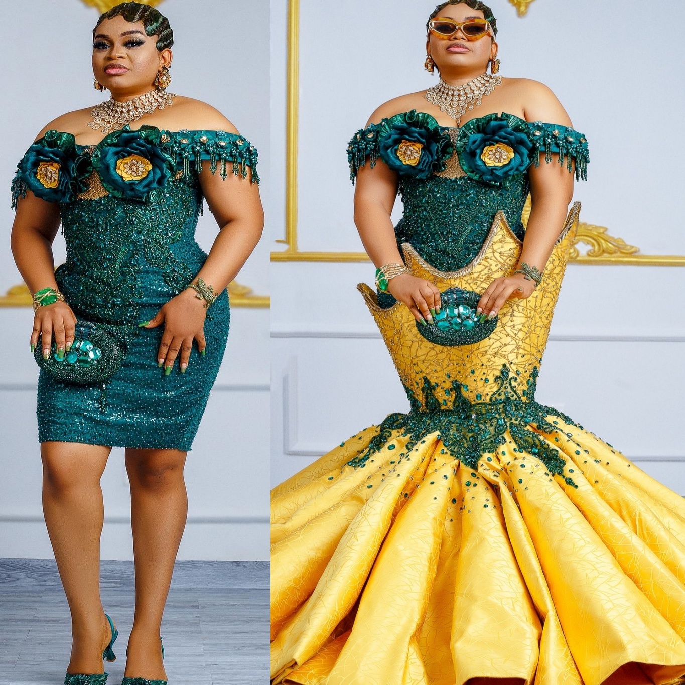 Aso Ebi Mermaid Green Yellow Prom Dresses 2025 Flowers Crystals Lace Evening Formal Party Second Birthday Engagement Gowns Plus Size Dress For Special