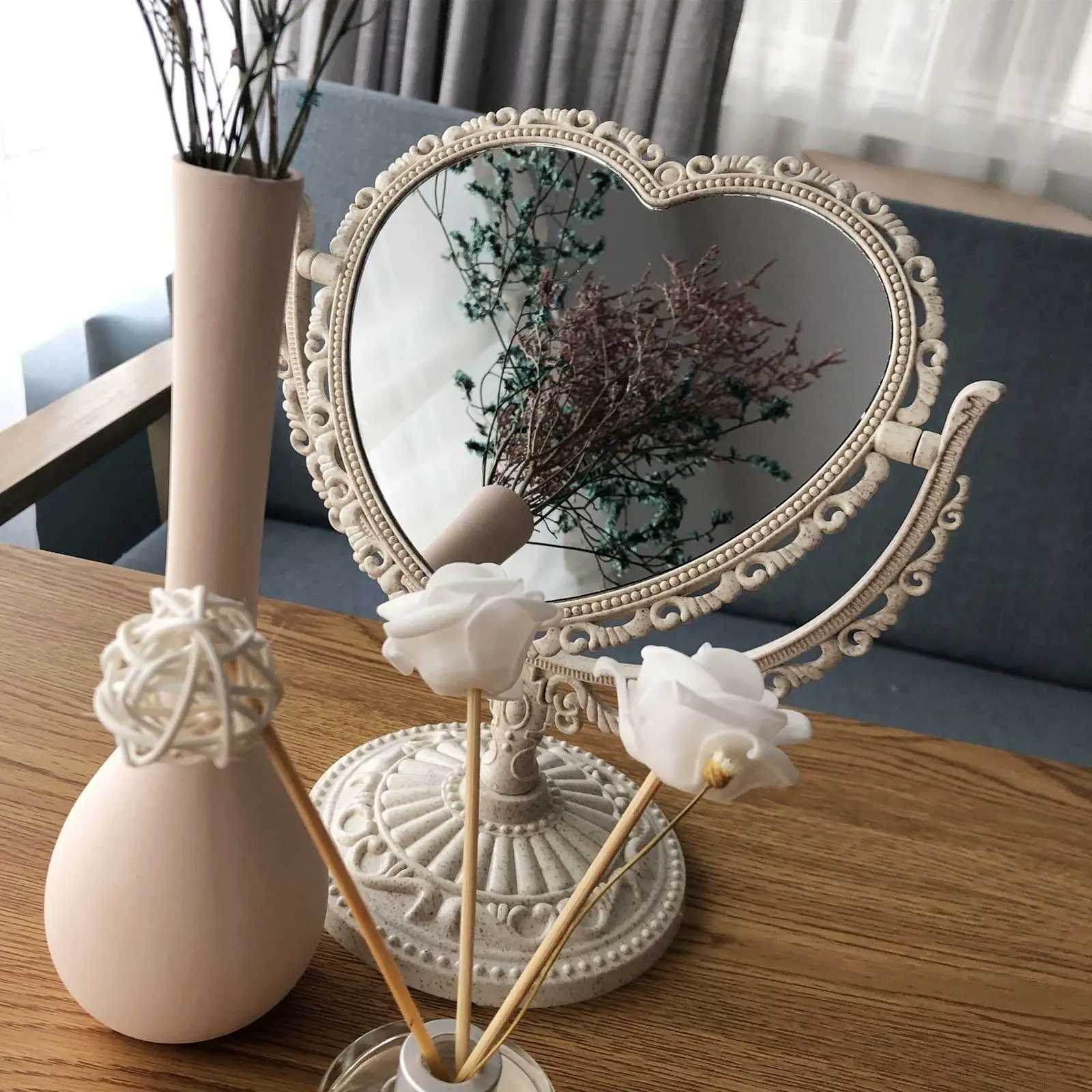 Rotating Vanity Mirror Beige Makeup for Dresser Girl Desk Plastic Vintage Chic Details C250916