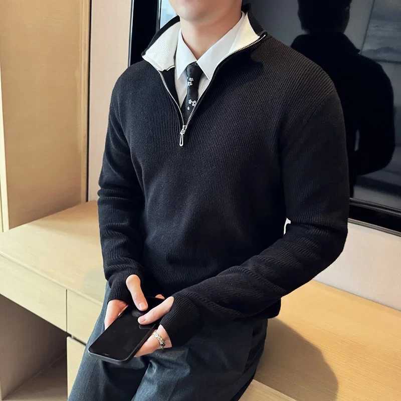 2024 Autumn Winter Sweater For Men High Quality Half Zipper Coat Mens Stand up Collar Color Blocked Slim Fit Knitted Pullover Z250916
