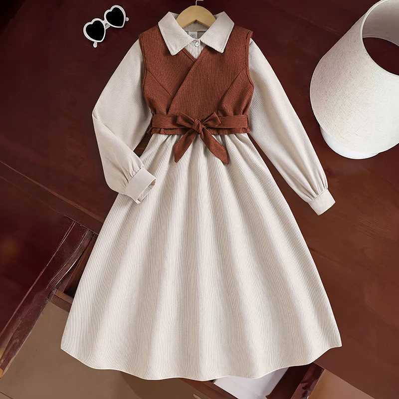 New Autumn 2PCS Kids Clothing Brown Vest Beige Turn Down Collar Long Sleeve ALine Dress For Girls 812 Years Korean Style C250916