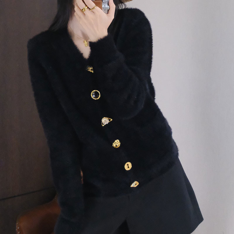 Luxury Y2K Designer Vintage Loose Women's Black Long Sleeve Cardigan V-Neck Shoulder Pads Metal Buttons Sweater Coat Paris Runway Fall New Fashio