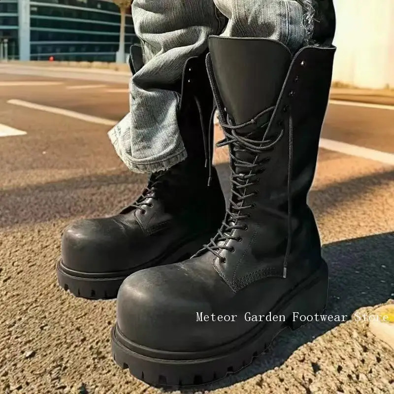 Moderni Stivali Per Altezza Rotonda Vintage Di Altezza Rotonda Da Uomo Laceup Stivali Di Avvio Midcalf Stivali Moto Cool Boy250916-image