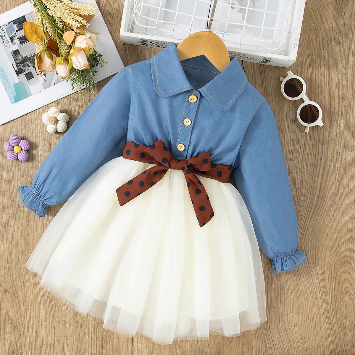 Spring Long Sleeved Dress Girl Denim Blue Dress Fake Two Pieces Tutu Dress For Kids Send Bow Belt C250916