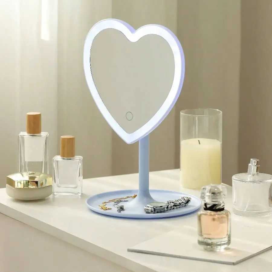 Tall light blue plastic frame tabletop heart shaped LED lighted mirror with trinket tray for bedroom vanity decor C250916
