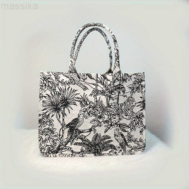 Casual Accessories Large Retro Embroidered Black and White Jungle Animal Print Tote Bag Large Capacity Lightweight Shopping Bag Fixed Shoulder Strap P