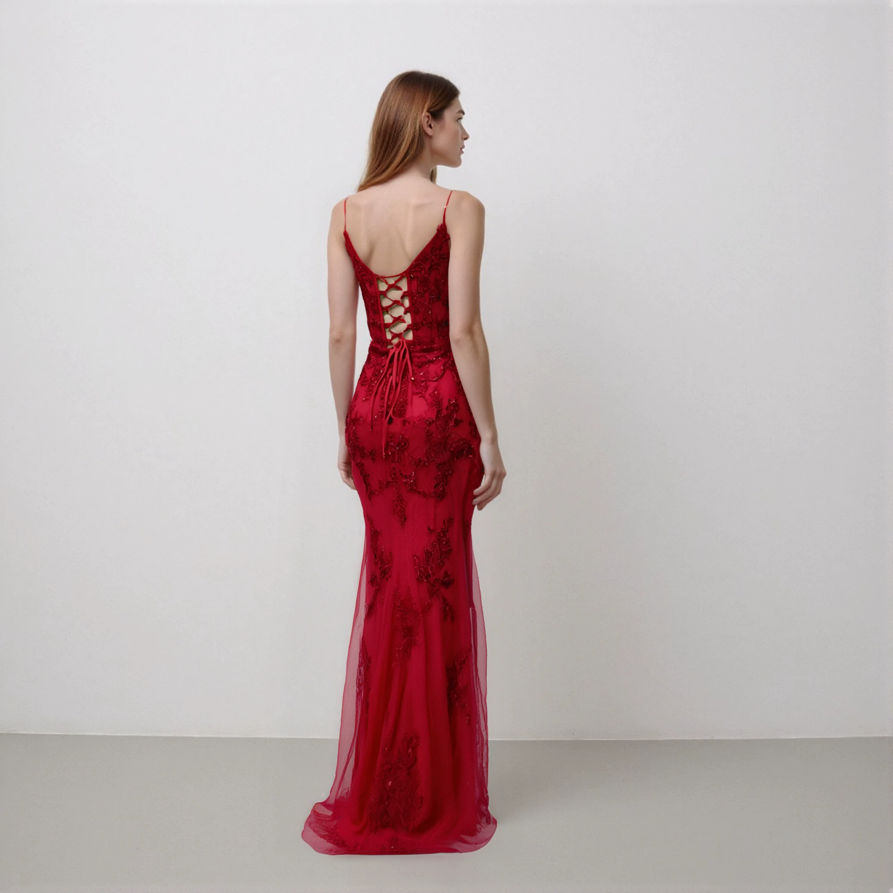 Evening Dresses Red Lace Sequin Spaghetti Strap Mermaid Evening Gown - Plunging V - Neck Formal Prom Dress with Side Slit
