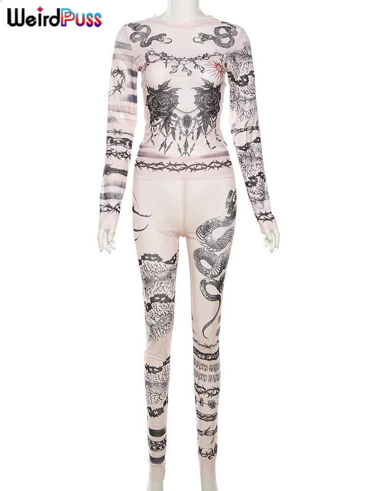 Weird Puss Dragon Print Sexy Women Tracksuit See Through 2 Piece Set Hipster Crop TopsLeggings Stretch Streetwear Matching Suit 250916