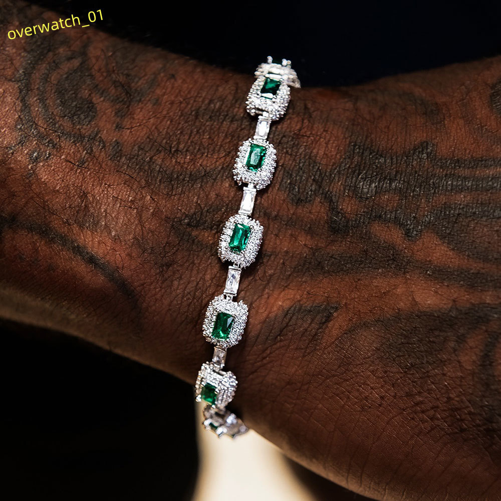 NUOYA Fashion Jewelry Iced Emerald Cushion Cut Diamond Bracelet White Gold Inlaid Green Baguette Zircon Womens Bracelet