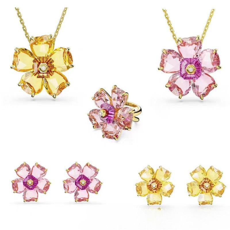 Luxury austria yellow pink crystal flower designer necklace for women romantic sweet flowers charm elegant girls necklaces party wedding jewelry