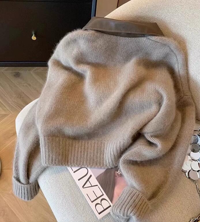 Spliced Leather Collar Knit Sweater Fashion Double Zipper Cardigan Womens AutumnWinter Soft Vintage Long Sleeve Streetwear 241028