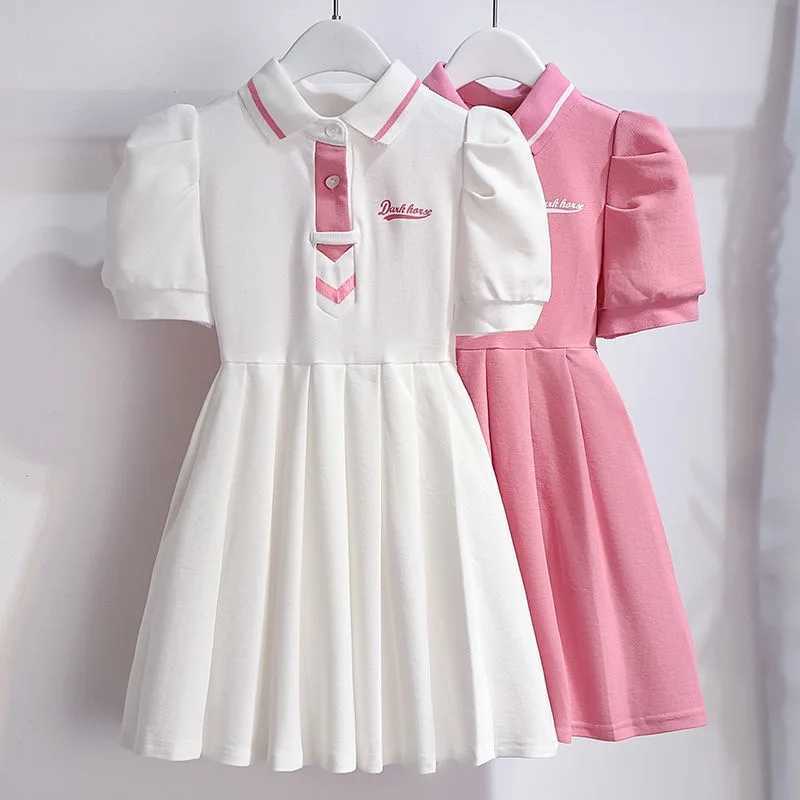 1pcs Summer Childrens Dress Girls Korean Edition Bubble Sleeves Flip Collar Dress Kids Princess Dress Baby Sweet Pleated Skirt C250916