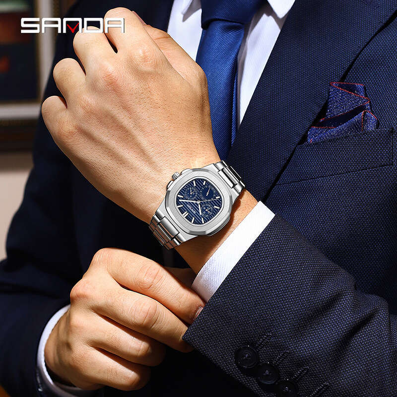 DHgargets Sanda Quartz Three Eyes Six Hands Simple Strips Scale Fashion Steel Band Waterproof Men's Watch