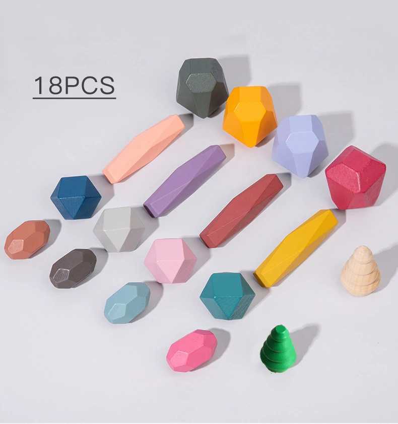 18 Pcs Wooden Stacking Rocks Building Blocks Colored Solid Wood Stones PreSchool Educational Games Toys for Kids Toddlers C250916