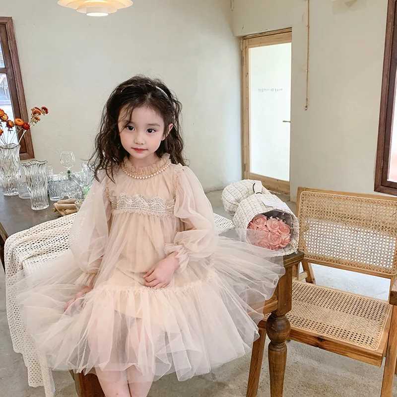 Korean Style Kids Girl Princess Dress Round Collar Party Dresses with Lace Mesh Long Sleeves for Children Clothing E99011 C250916