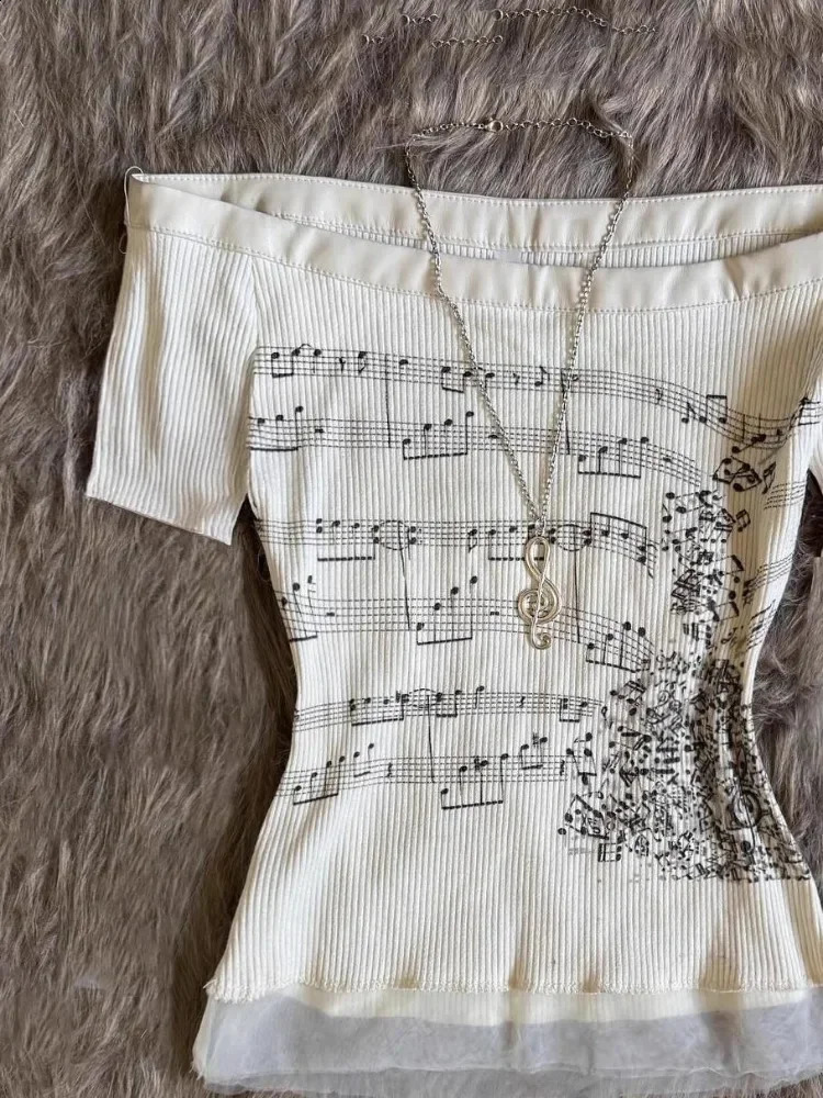 Korean 2000s Punk Goth Girls Graphic Tops Off Shoulder Sexy Lace Cotton T Shirts Cute Music Pattern Y2K Sweet Women Crop Tops 250916