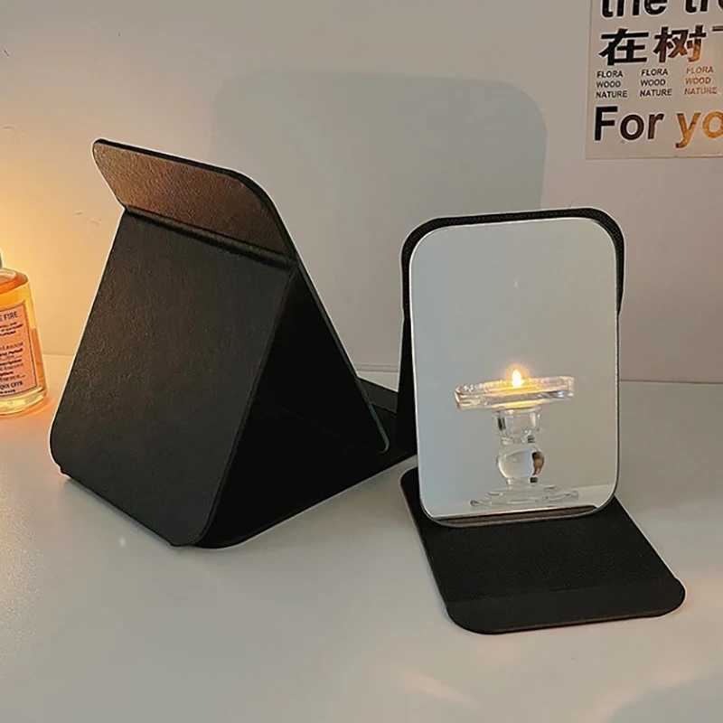Desktop Makeup Mirror Solid Color PU Leather Simple Portable Handheld Black Mirror Foldable Student Compact Cute Pocket Mirror Y2509161