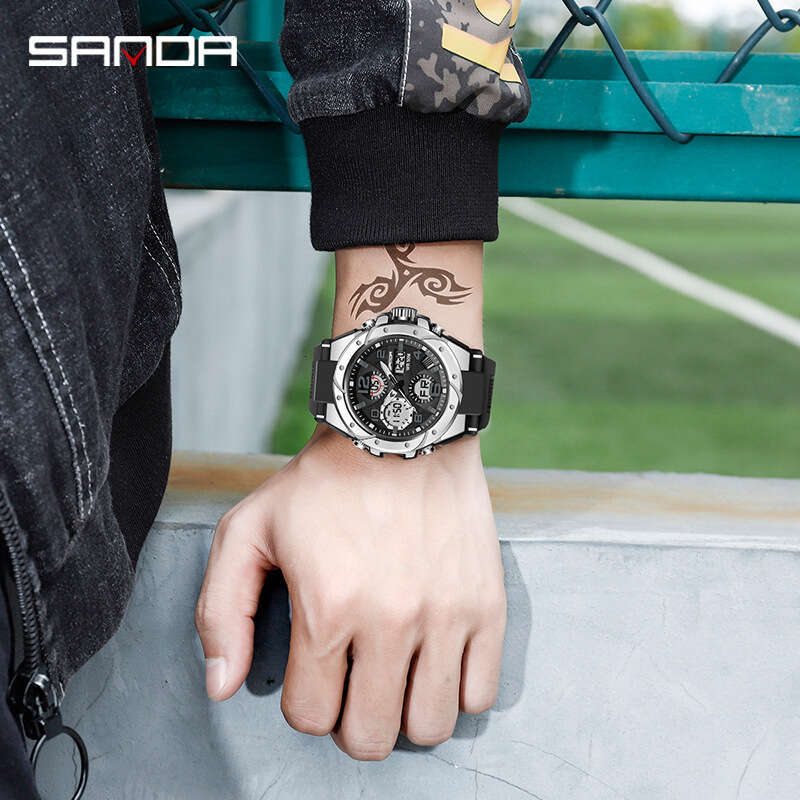 DHgargets Sanda Youth Electronic Outdoor Sports Luminous Waterproof Watch Multifunctional Men and Women Student Alarm Clock Wristwatch
