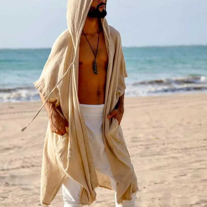 Mens Summer Midlength Cardigans Loose Casual Sun Protection Clothes Beach Holiday Style Loose Shawl Coat Male Long Hooded Cape W250916