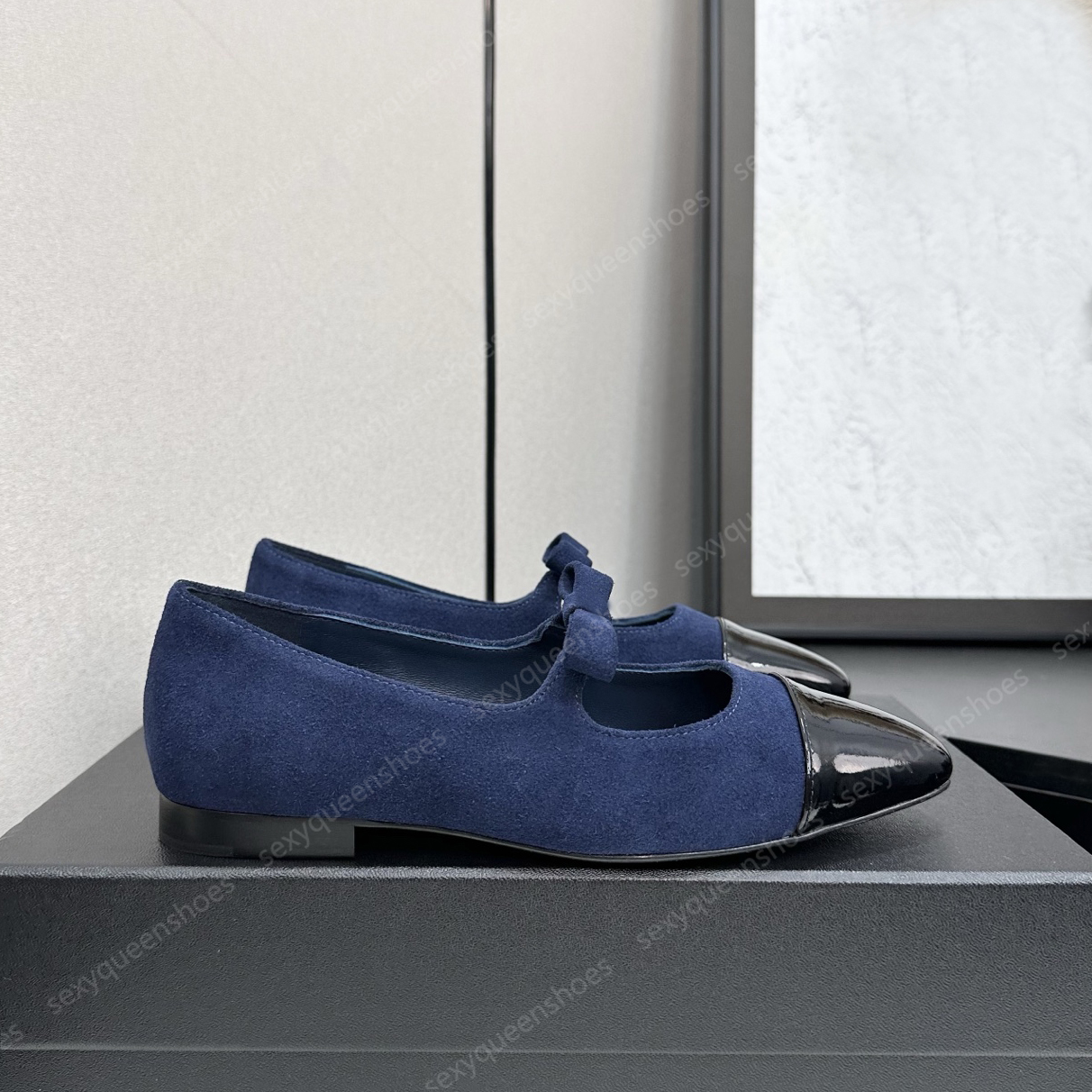 Elegant Brand Mary Jane Shoes Navy Women Luxury Designer Ballet Shoes Casual Bow suede Patchwork Patent Leather Fashion Flat Heel Dress Shoes