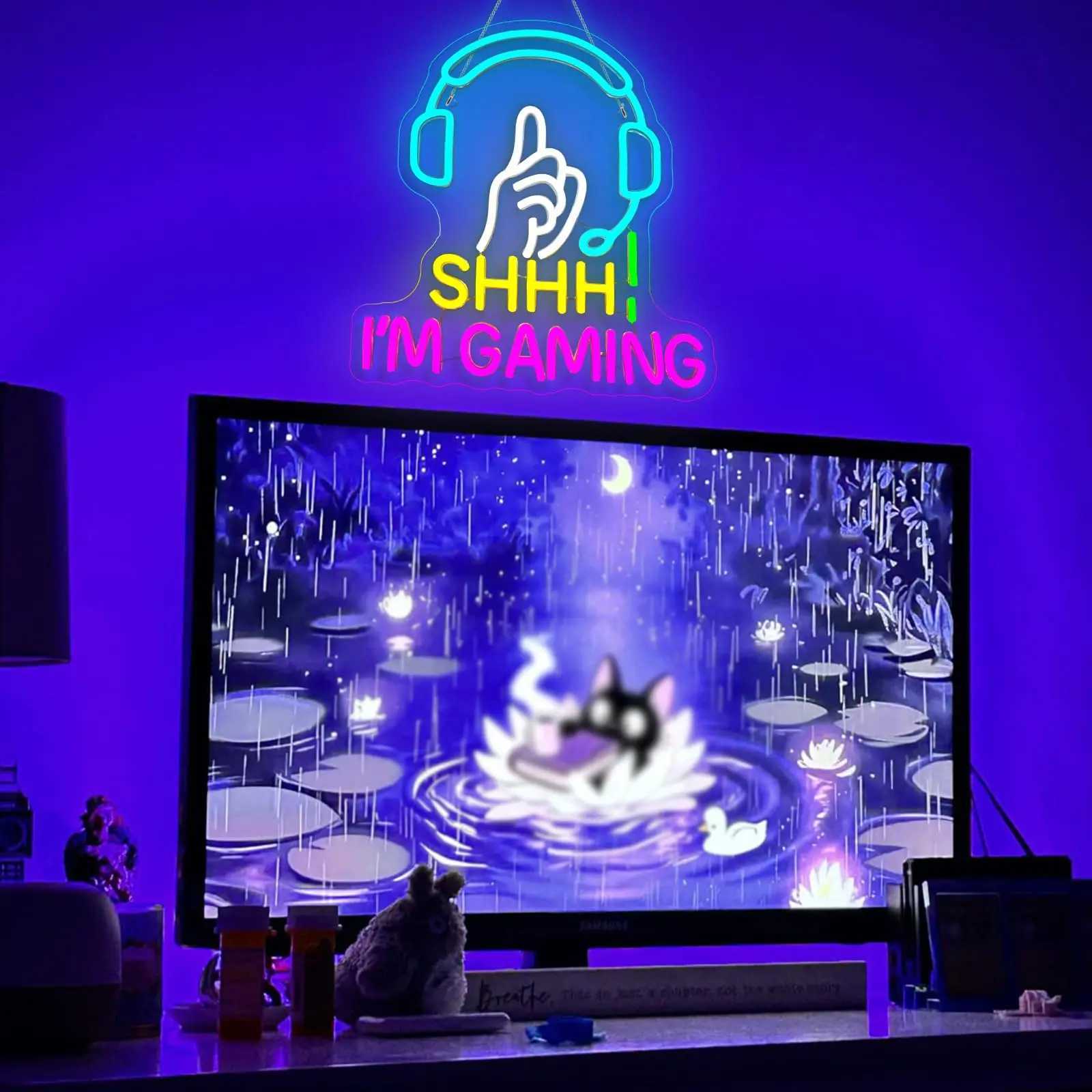 Shhh Im Gaming Neon Sign LED Wall Light with Headset Finger Gesture Design Gamer Room Neon Decor for Bedroom Game Room Gift Y250916