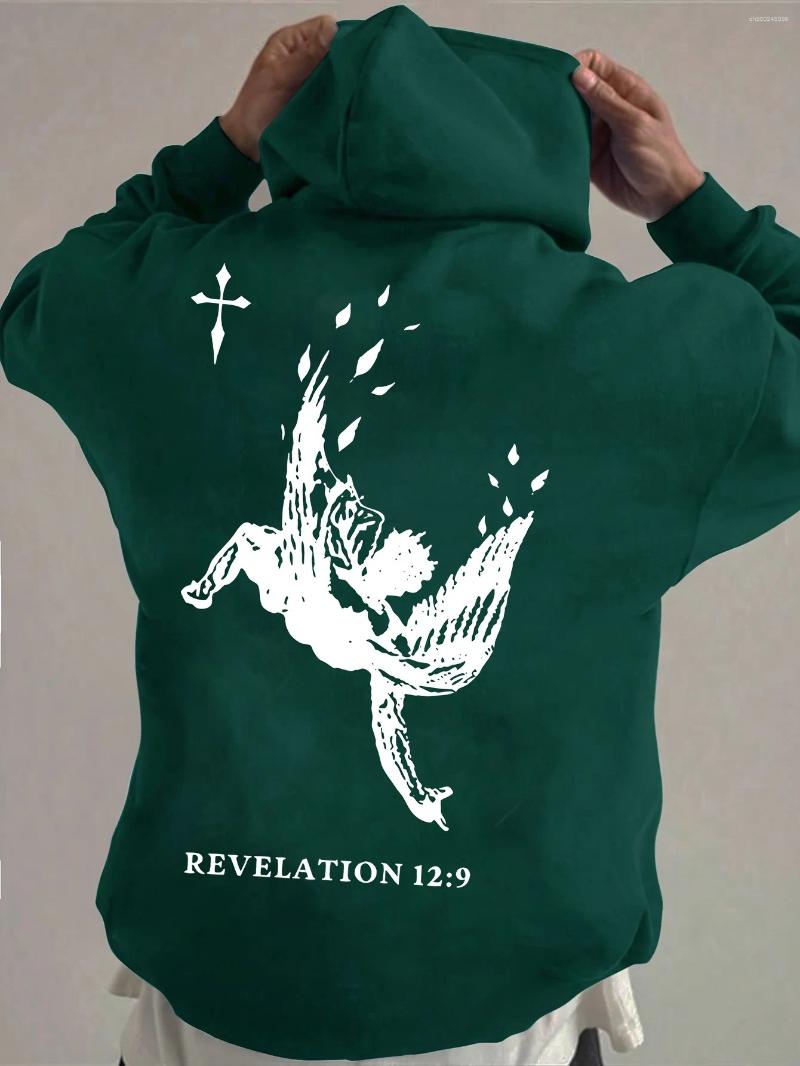 Men's Hoodies Autumn Winter Streetwear Hooded Sweatshirt With Fallen Angel & Cross Print Loose Casual Cotton Tops REVELATION 12:9 Design