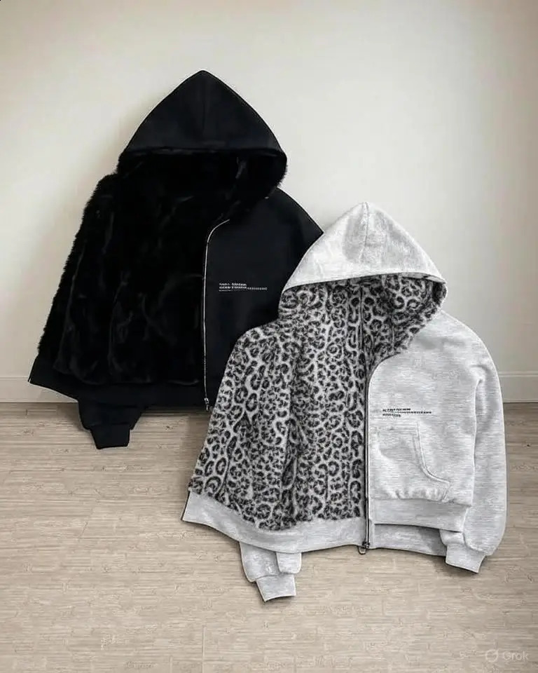 American Fashion Reversible Faux Fur Leopard Zipper Hoodie Mens Womens Oversized Sweatshirt Print Mink Lining Y2K 250916