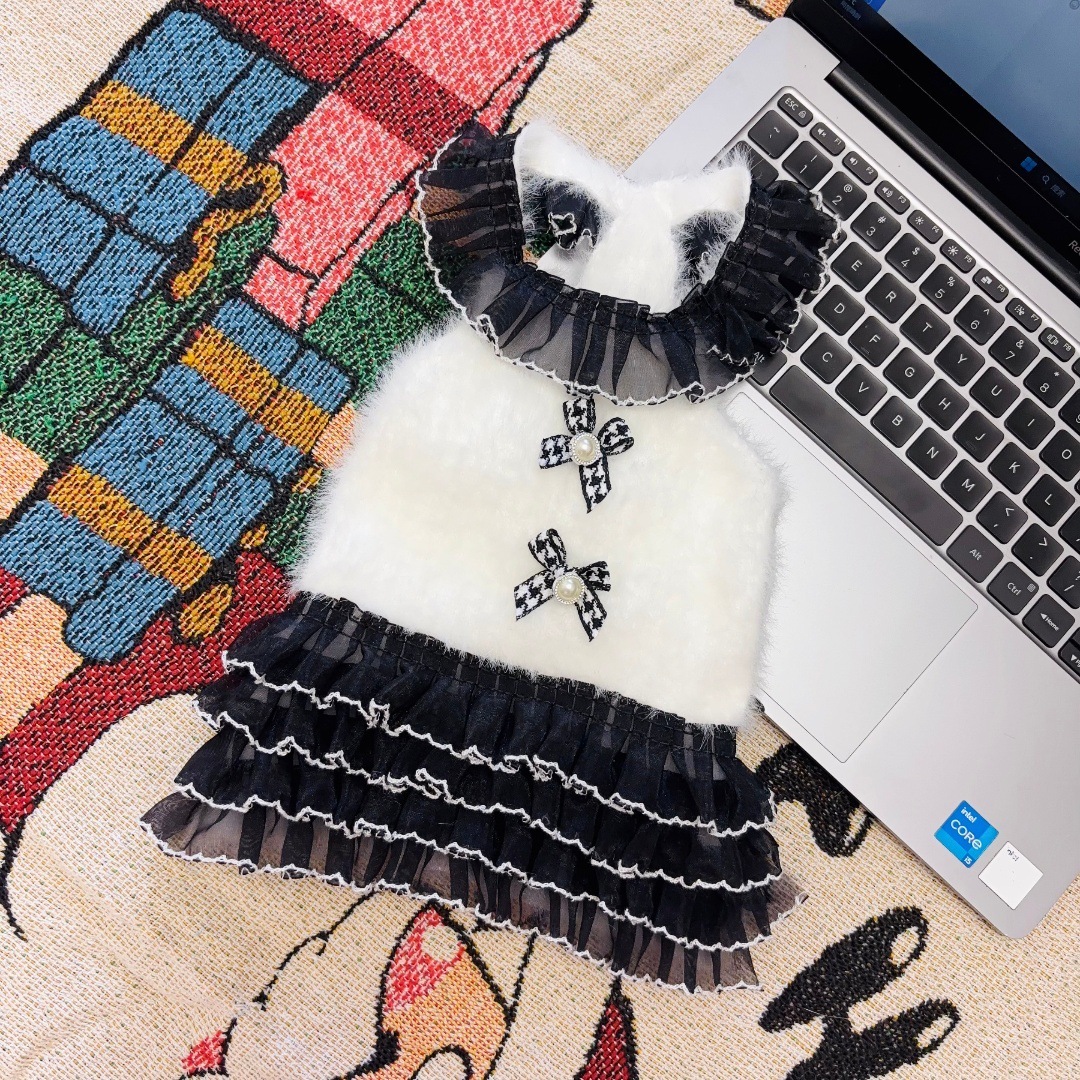 Autumn Winter Pet Knitted Puffy Lace Strap Dress for Dogs and Cats Schnauzer Yorkshire Maltese