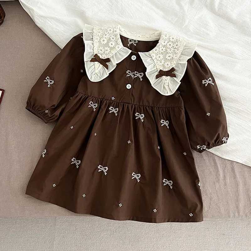 2024 Autumn Baby Girl Party Dress Cotton Embroidery Bow Splicing Dress Long Sleeved Kids Princess Dresses Lace Collar Clothing C250916