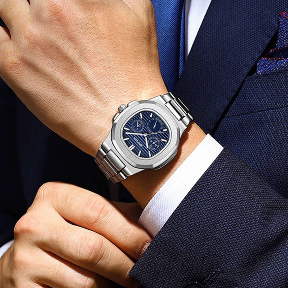 DHgargets Sanda Quartz Three Eyes Six Hands Simple Strips Scale Fashion Steel Band Waterproof Men's Watch