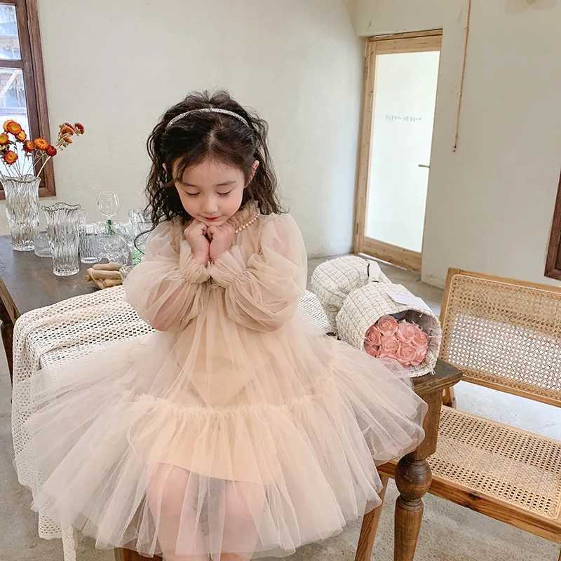 Korean Style Kids Girl Princess Dress Round Collar Party Dresses with Lace Mesh Long Sleeves for Children Clothing E99011 C250916