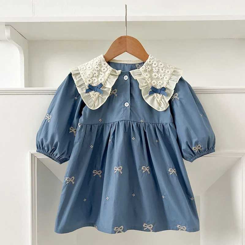 2024 Autumn Baby Girl Party Dress Cotton Embroidery Bow Splicing Dress Long Sleeved Kids Princess Dresses Lace Collar Clothing C250916