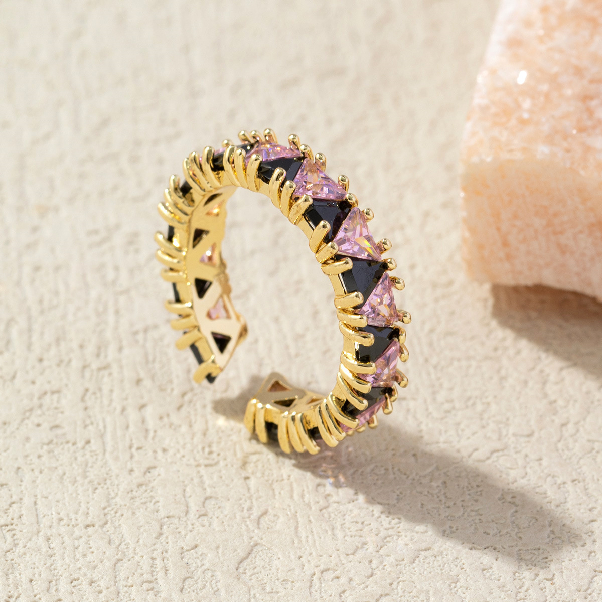 Gold-Toned Open Ring With Black And Clear Gemstone Detail Delicate Daily & Elegant Jewelry Gift For Her High-Quality And Stylish Accessory