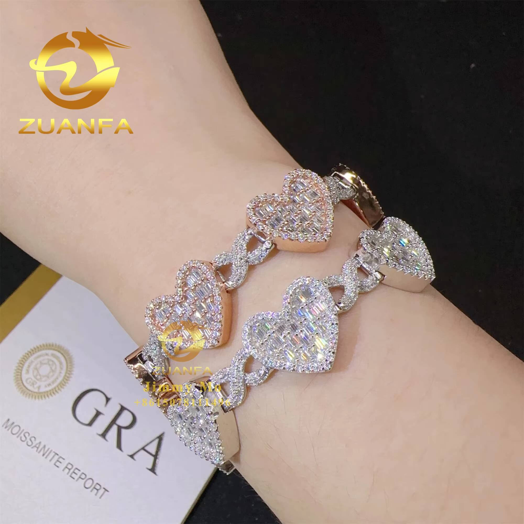 Drop Shipping Price 14mm Width 925 Silver Iced Out Hip Hop Jewelry VVS1 Moissanite Diamond Heart Shape Hip Hop Cuban Bracelet