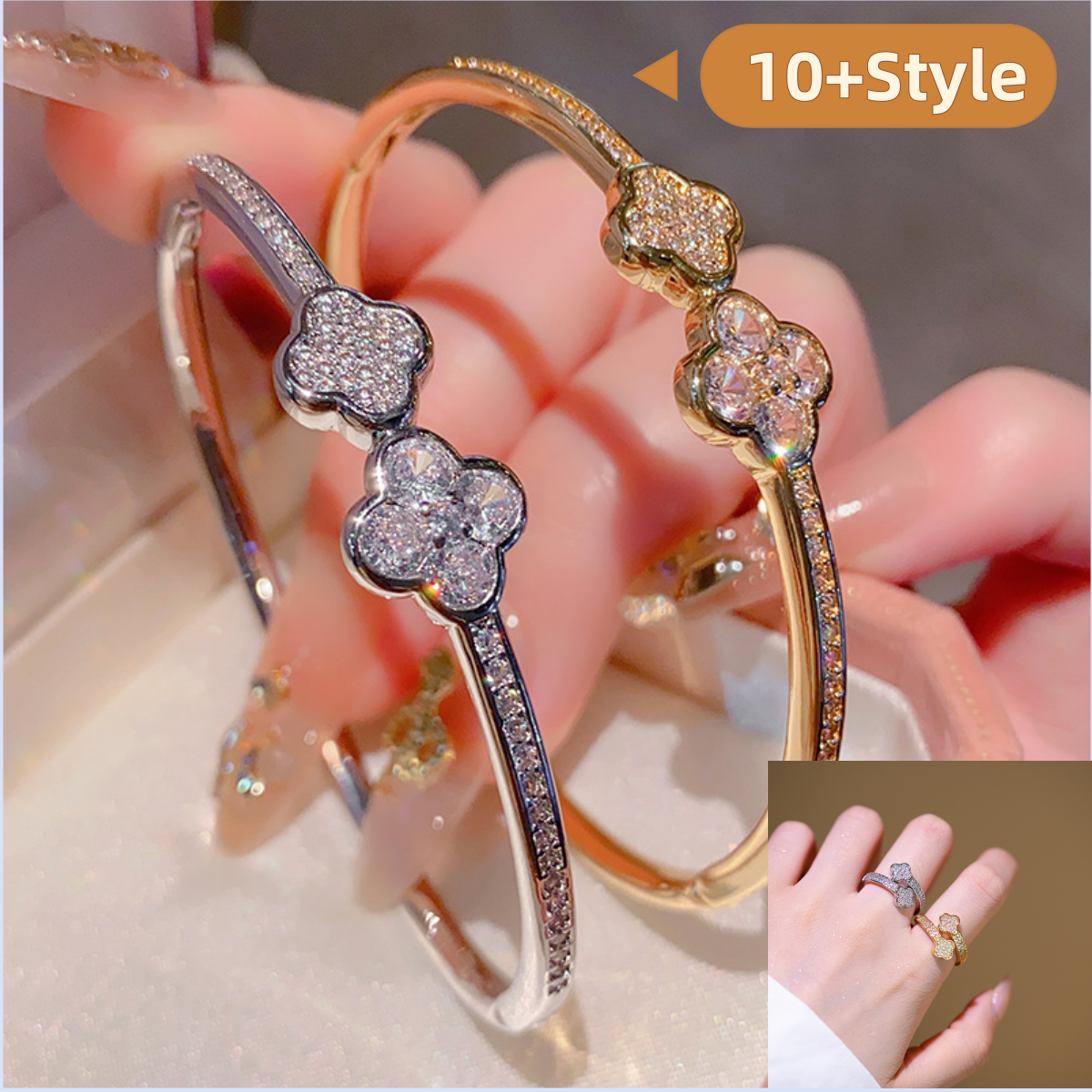 Gold Tone Crystal Flower Bangle Bracelet With Sparkling Accents Stylish Holiday Jewelry And Gift For Her High Quality And Fashion Accessory 4 leaf clo