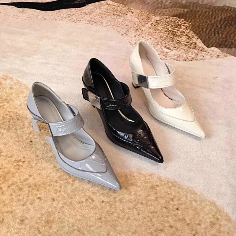 French Single Shoe Spring and Autumn Fashion One Word Block Heel Shoes with Pointed Toe 250915