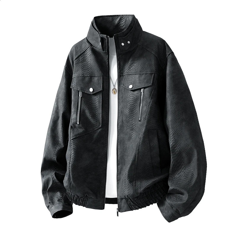 Mens Faux Leather Snake Skin Jacket StandCollar Zip Front Hidden Pockets Classic Look for Daily Office Commute 250916