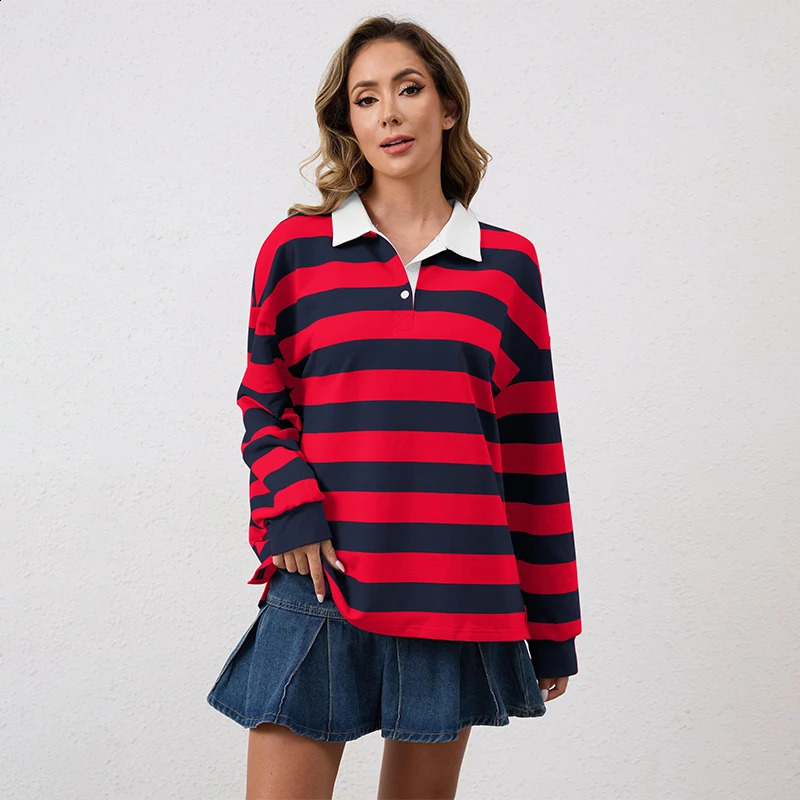 Wholesale Stock Women Striped Lapel Tops Heavyweight Loose Fit Long Sleeve Rugby Sportswear Casual Golf Polo Shirts 250916