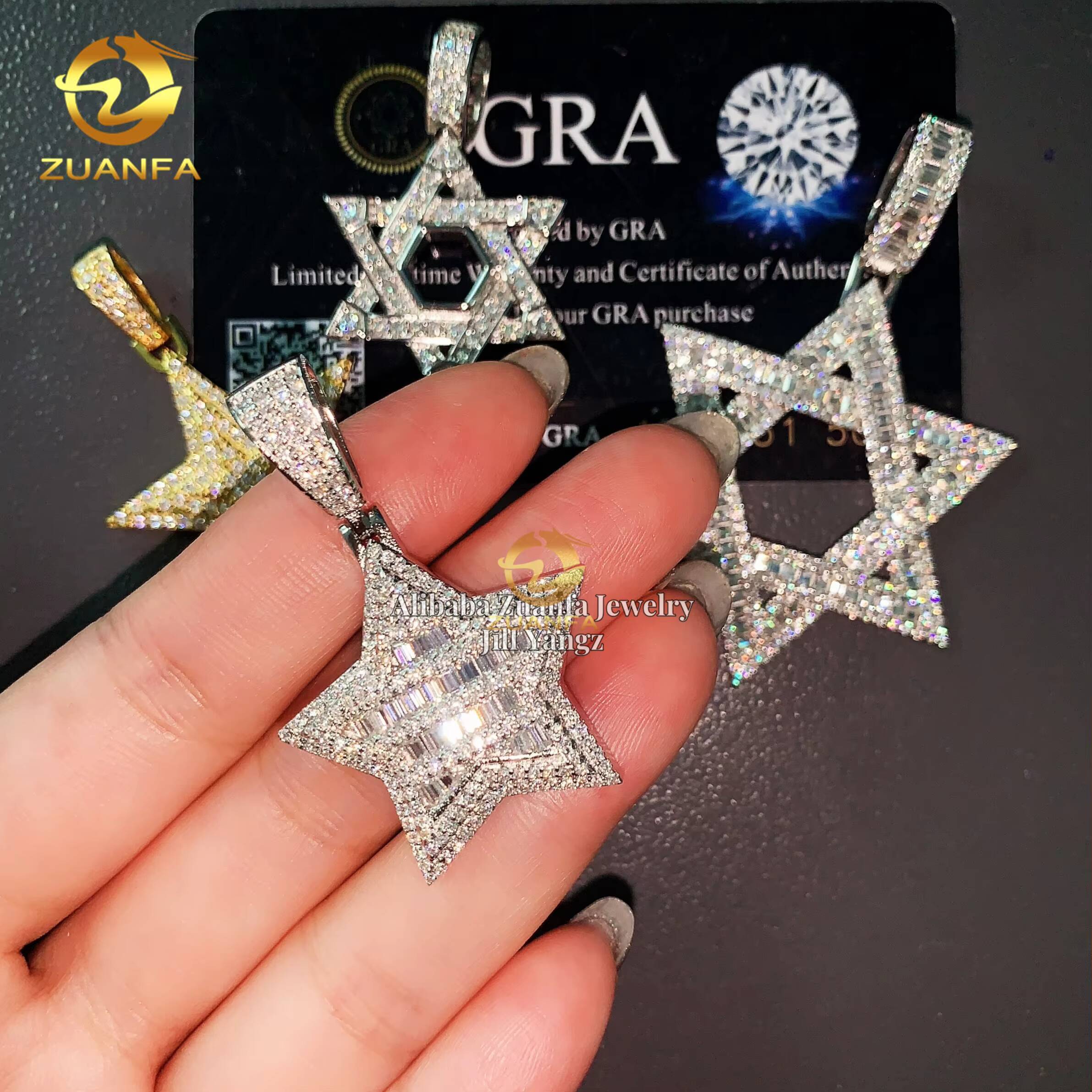 Star of David Pentagon Lucky Charm Golden Star Pendant Moissanite Pendants Baguette Iced Out Jewelry Custom Moissanite Pendant