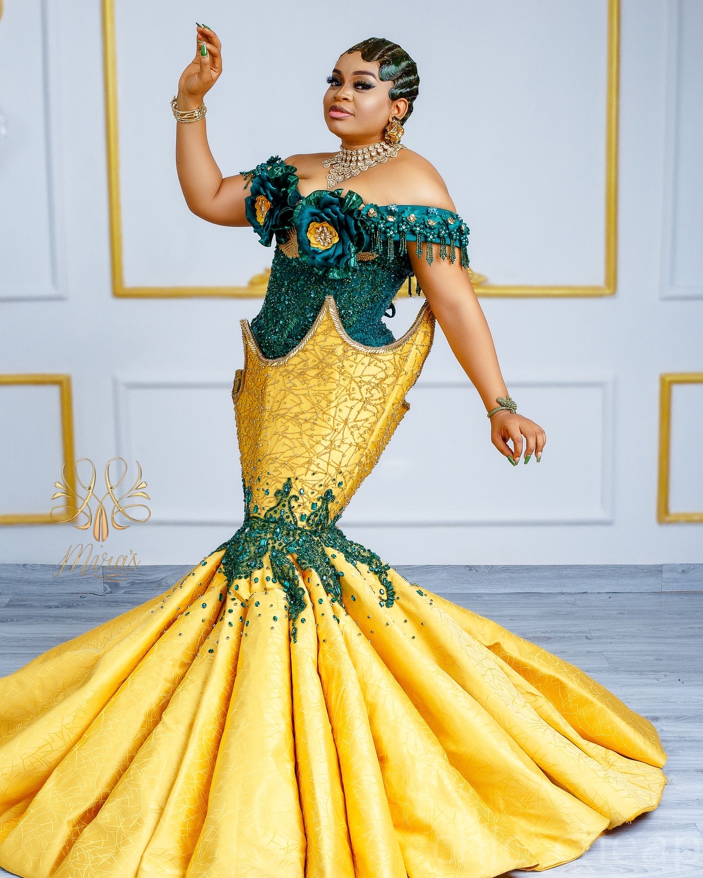 Aso Ebi Mermaid Green Yellow Prom Dresses 2025 Flowers Crystals Lace Evening Formal Party Second Birthday Engagement Gowns Plus Size Dress For Special