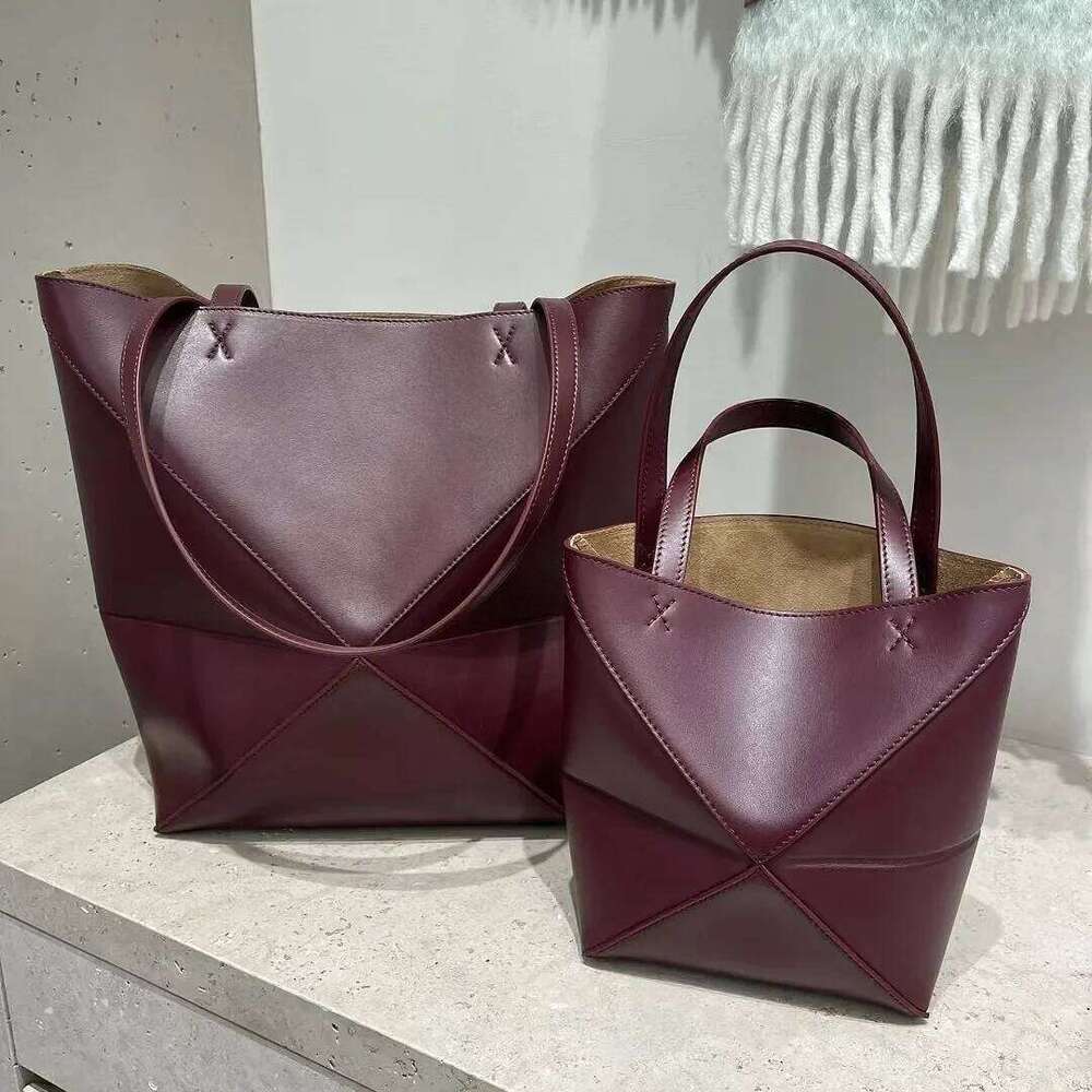 High-Quality Top Layer Cow Leather Puzzle Foldable Tote Large Capacity Handheld Bucket Bag Neutral Minimalist Style