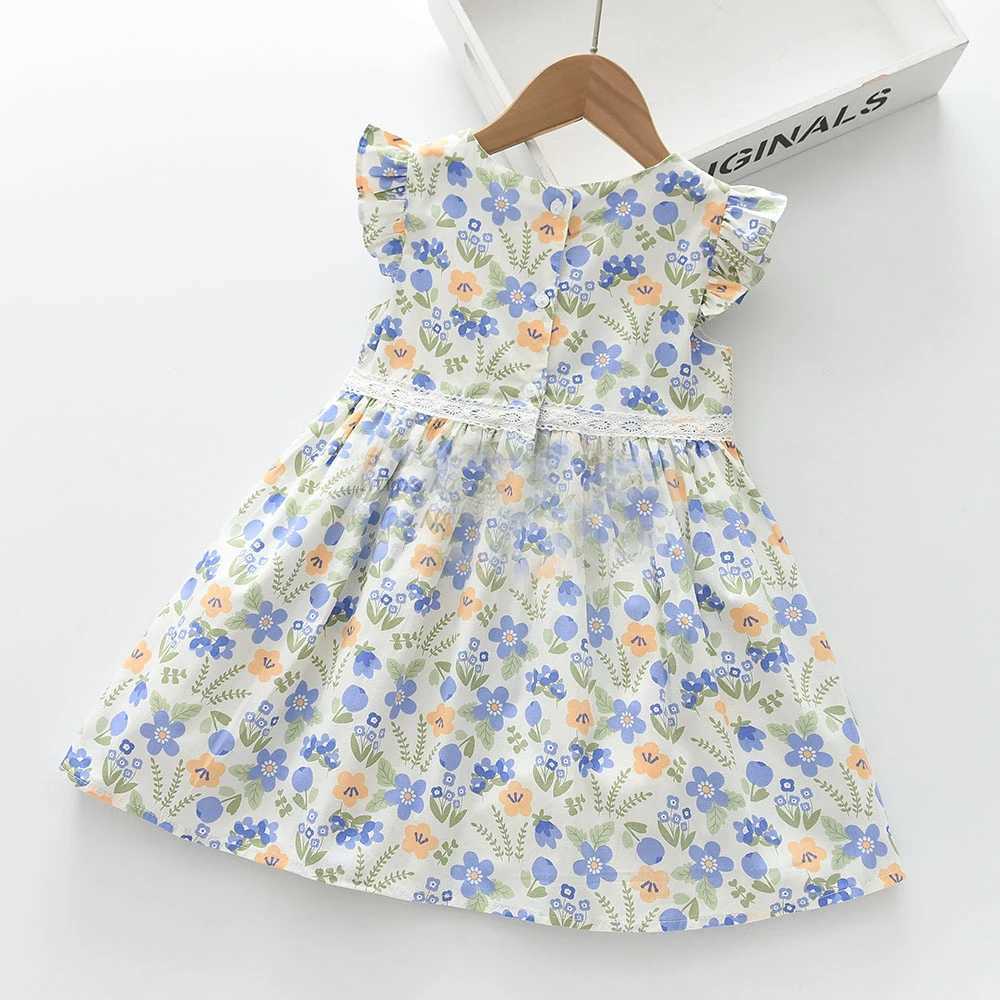 Summer Dress Childrens Clothing Round Neck Flying Sleeve Flower Printing Dress Girls Casual Dress C250916