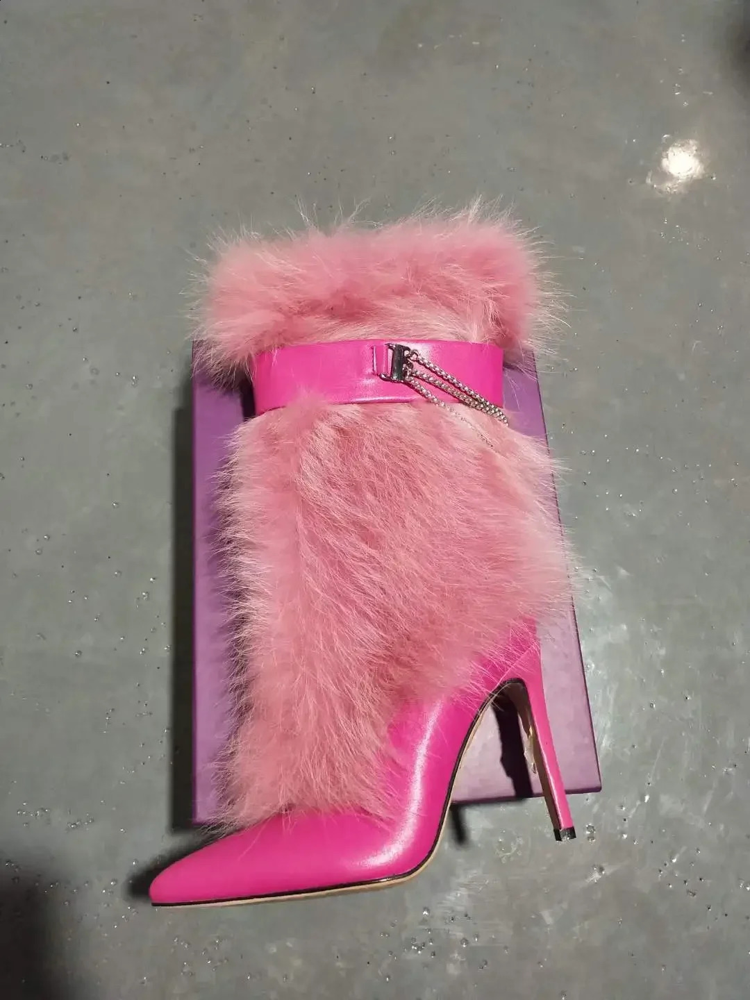 Pink Feather Pointed Toe Stiletto Heels Boots Crystal Chain High Boots Women Fashion Winter Keep Warm Long Boots 250915