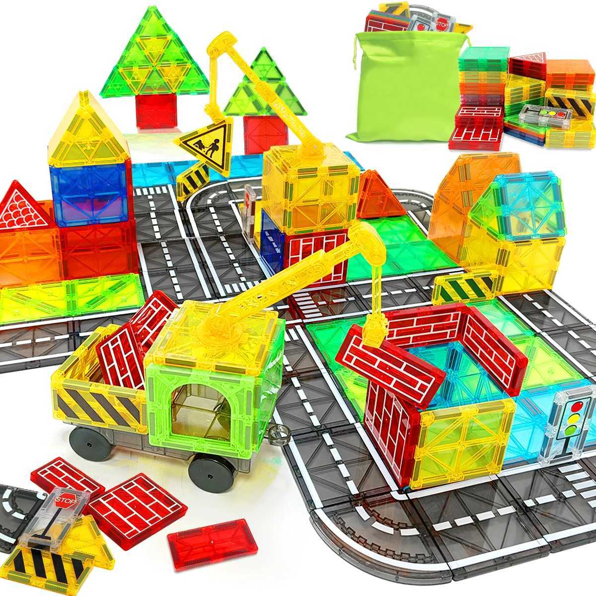 Magnetic Road Set With Car Toys Boys Girls Magnet Building Blocks Construction Toys Christmas Birthday Gifts for Toddlers C250916