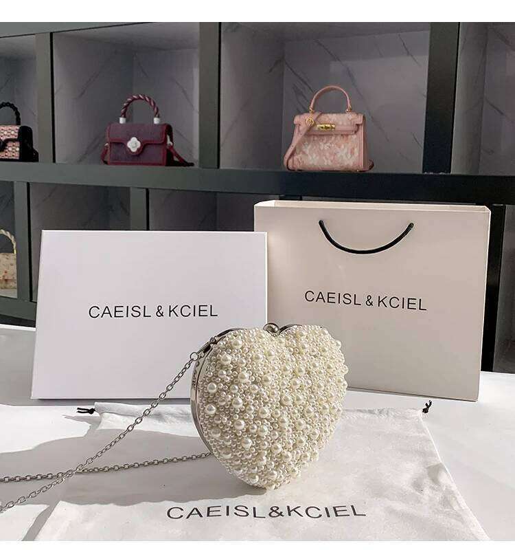 Designer Bags Pearl Beaded Heart Shaped Women Handbag Evening Wedding Party Clutch Purse Shoulder Messenger Female Fashion Bag Luxury Bag