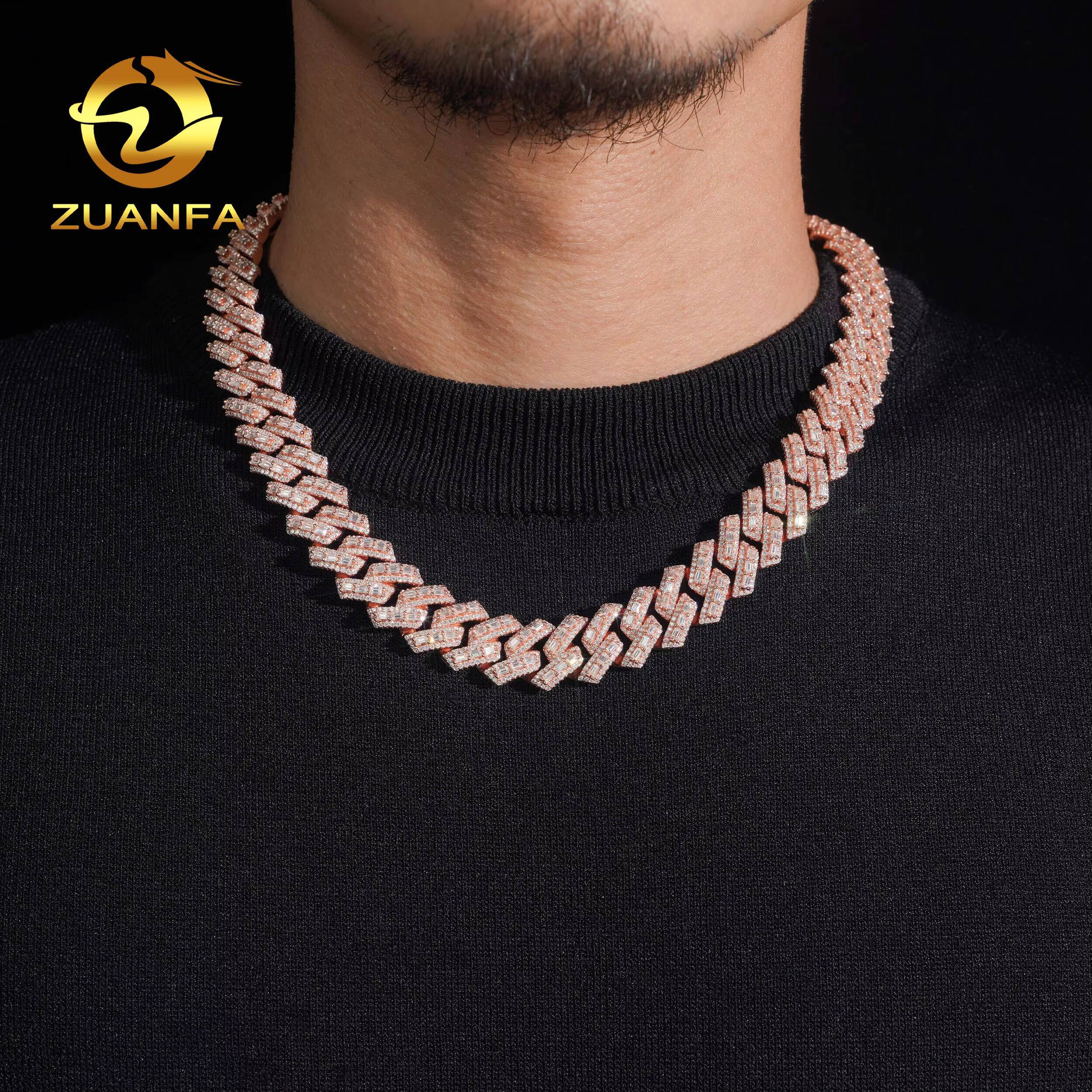 PROMOTION 16mm Baguette Moissanite Chain Cuban Links Pass Diamond Tester 925 Silver Cuban Link Chain Necklace Rose Gold Plated