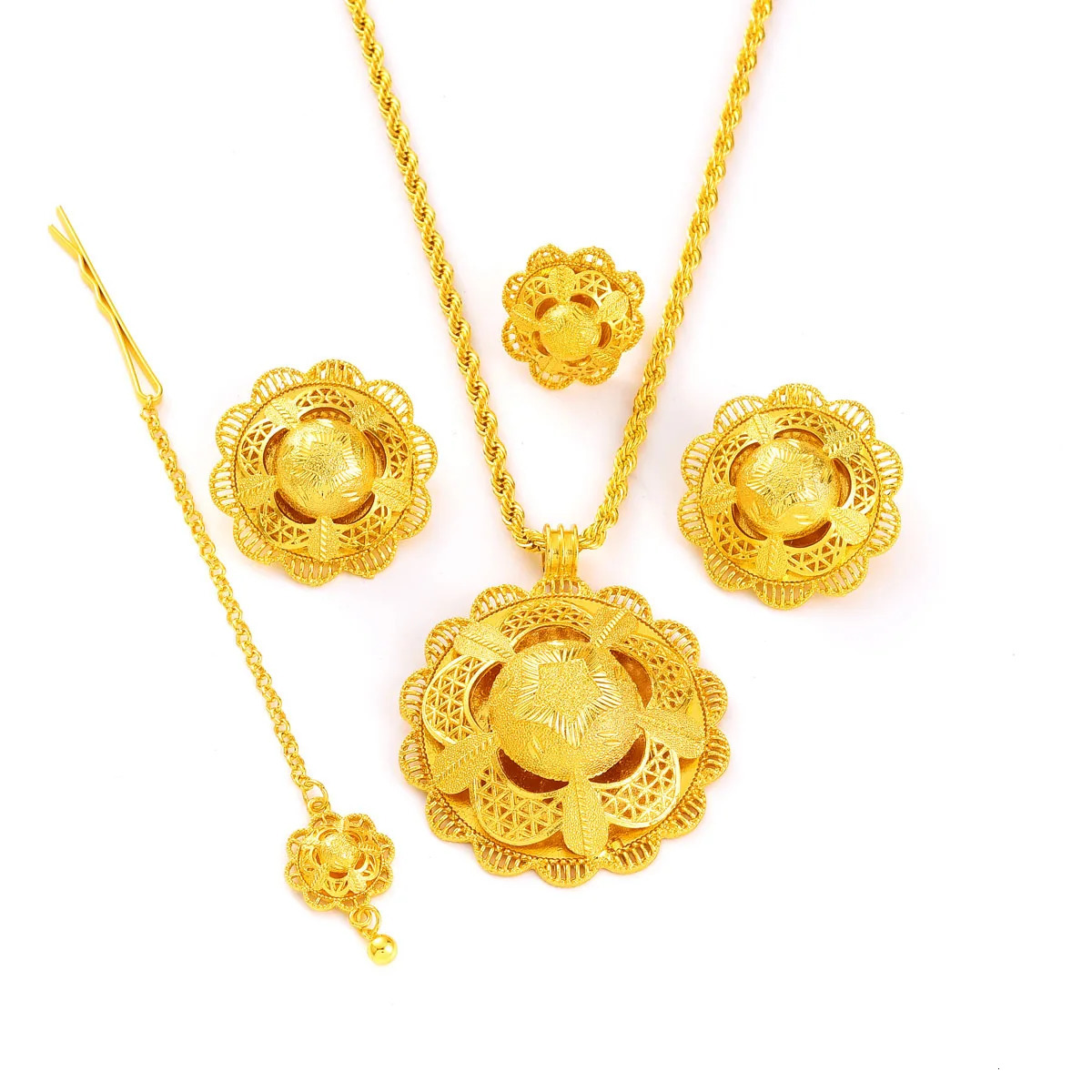 4piece African Arab Jewelry Set Golden Color Star Pattern Pendant Ring Earring Head Chain Ethiopian Bride Wedding Gift 250915