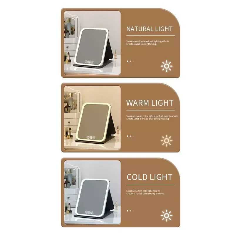 3 Colors LED Vanity Mirror with Touch Screen USB Rechargeable Dimming Makeup Mirror 3 Brightness Portable C250916